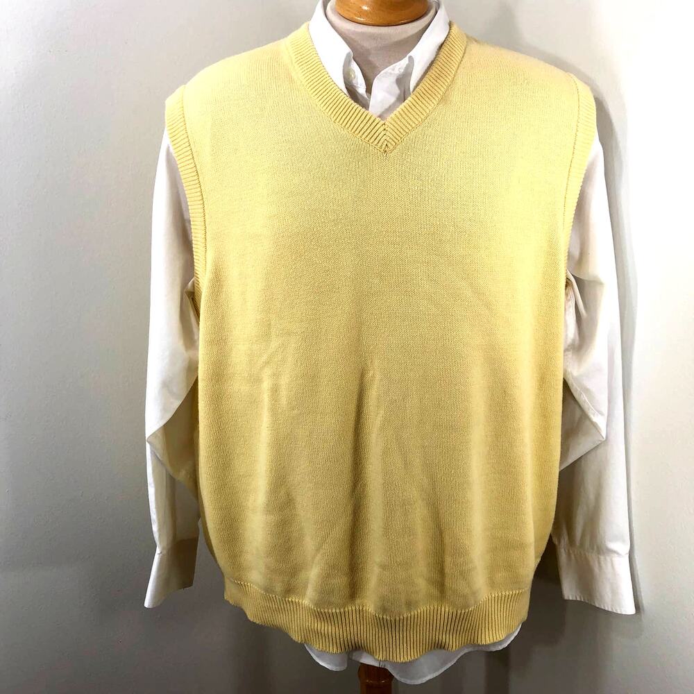 Men's Greg Norman Pullover Sweater V Neck Vest Yellow with Logo Sz L 100%Cotton